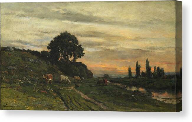 Charles-francois Daubigny Canvas Print featuring the painting Landscape with Cattle by a Stream by Charles-Francois Daubigny
