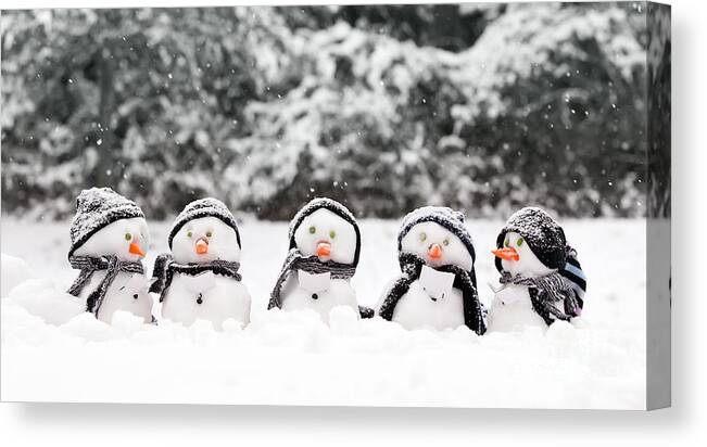 Snowmen Canvas Print featuring the photograph Little snowmen in a group by Simon Bratt