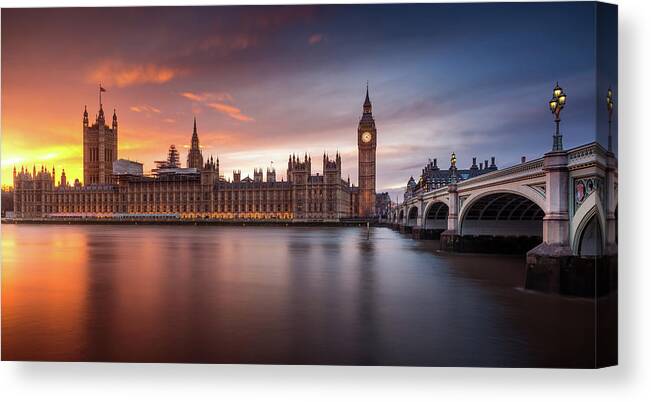 London Canvas Print featuring the photograph London Palace Of Westminster Sunset by Merakiphotographer