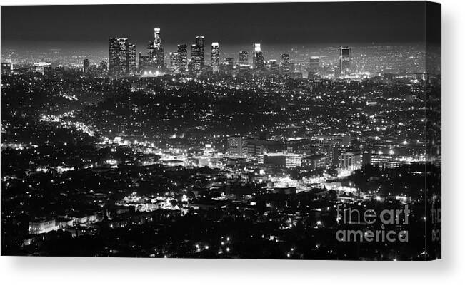 Los Angeles Canvas Print featuring the photograph Los Angeles Skyline at Night Monochrome by Bob Christopher