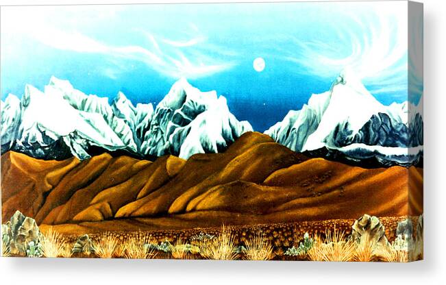 Andes Mountains Canvas Print featuring the painting New Years Moonrise Qver Cojata Peru Bolivian Frontier by Anastasia Savage Ealy