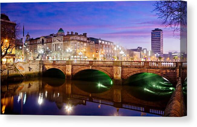 O Connell Bridge Canvas Print featuring the photograph O Connell Bridge at Night - Dublin by Barry O Carroll