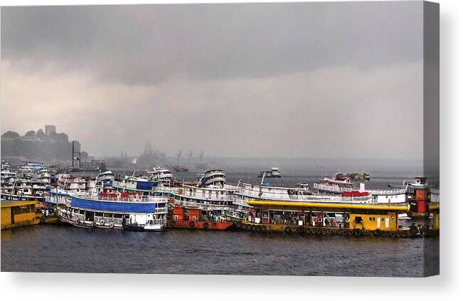 Boat Canvas Print featuring the photograph Rainy Manaus Harbor by Deborah Smith