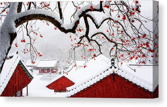 Temple Canvas Print featuring the photograph Snow In Temple by Bongok Namkoong