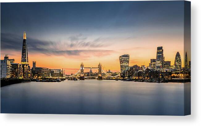 Gla Building Canvas Print featuring the photograph The City Of London In Sunset Scene by Tangman Photography