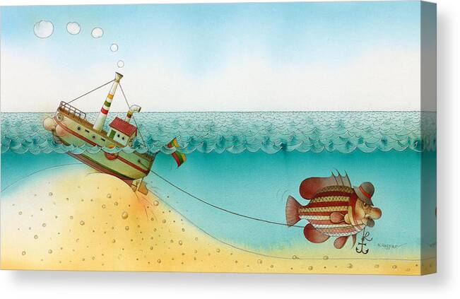 Sea Ocean Blue Azure Sky Fish Boat Canvas Print featuring the painting Underwater Story 02 by Kestutis Kasparavicius