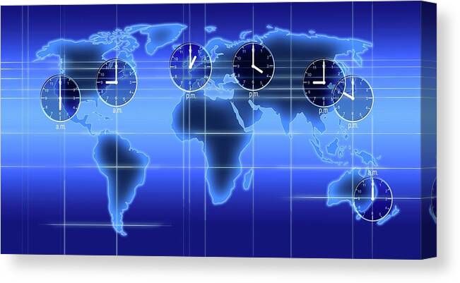 World Canvas Print featuring the photograph World Map Illustration With Time Zones by Alfred Pasieka