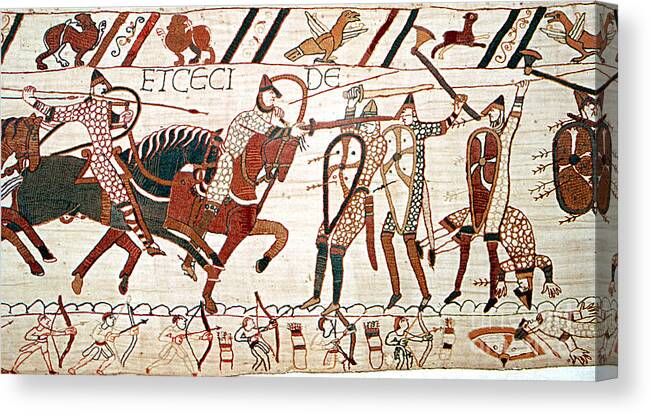 History Canvas Print featuring the photograph Battle Of Hastings Bayeux Tapestry by Photo Researchers