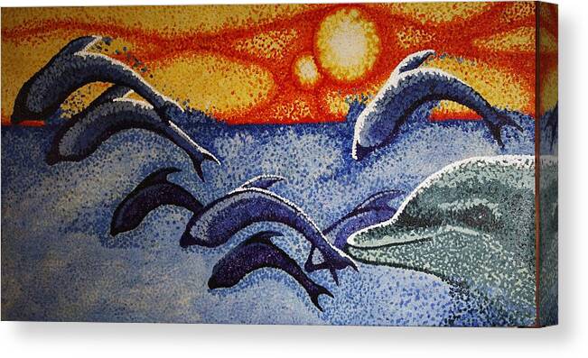 Pointalism Canvas Print featuring the painting Dolphins in the sun by Paul Amaranto