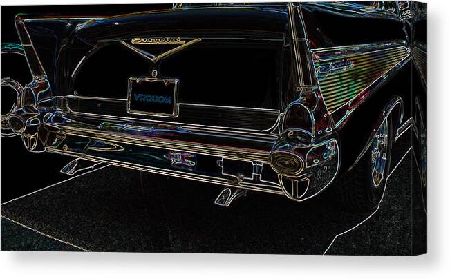1957 Canvas Print featuring the photograph 1957 Chevrolet REAR VIEW Art Black_VAROOOM TAG #2 by Lesa Fine