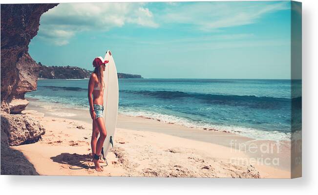 Active Canvas Print featuring the photograph Sportive woman with surfboard #1 by Anna Om
