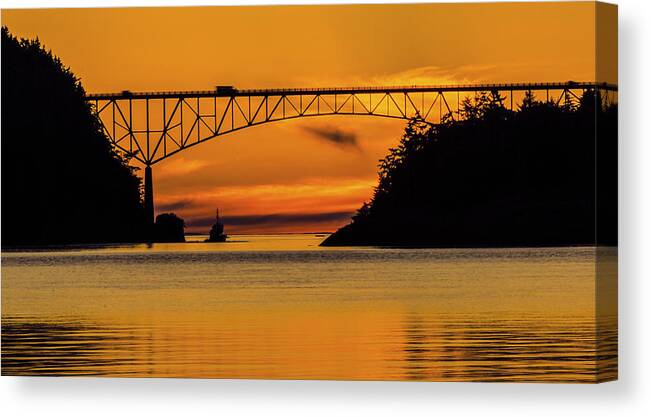 Sunset Canvas Print featuring the photograph Afterglow With Tugboat and Truck by Tony Locke