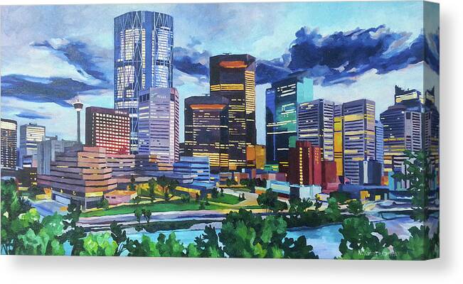Calgary Canvas Print featuring the painting Calgary Downtown Evening by Nel Kwiatkowska