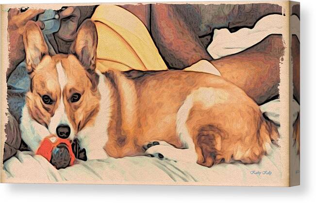 Pembroke Welsh Corgi Canvas Print featuring the digital art Couch Corgi Chewing a Ball by Kathy Kelly