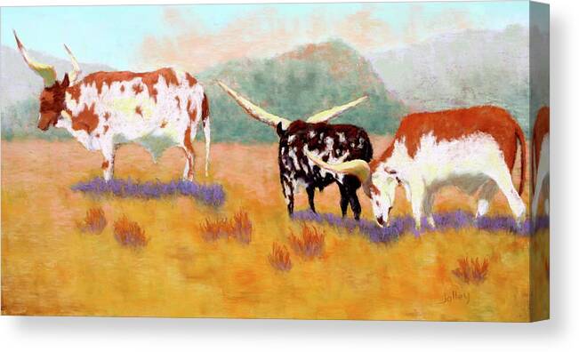 Longhorn Canvas Print featuring the painting Headed for the Barn by Nancy Jolley