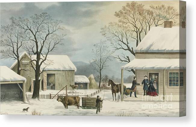 Home To Thanksgiving Canvas Print featuring the painting Home to Home to Thanksgiving, 1867 by Currier and Ives
