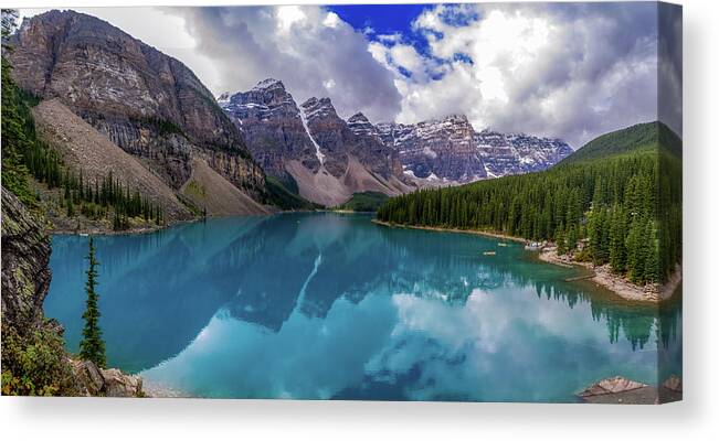 Banff Canvas Print featuring the photograph Moraine lake panorama by Thomas Nay