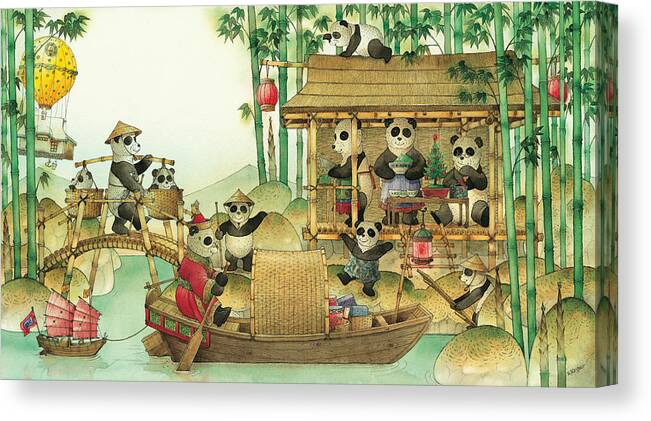 Christmas Greeting Cards Panda China Canvas Print featuring the painting Pandabears Christmas 03 by Kestutis Kasparavicius