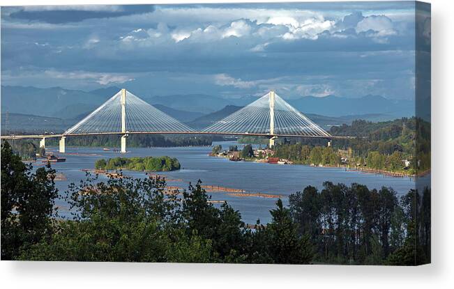 Alex Lyubar Canvas Print featuring the photograph Port Mann Bridge across the Fraser River by Alex Lyubar