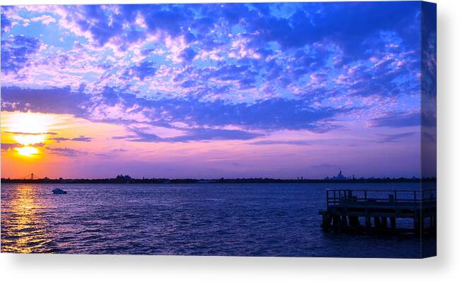 Rockaway Point Canvas Print featuring the photograph Rockaway Point Dock Sunset Violet Orange by Maureen E Ritter