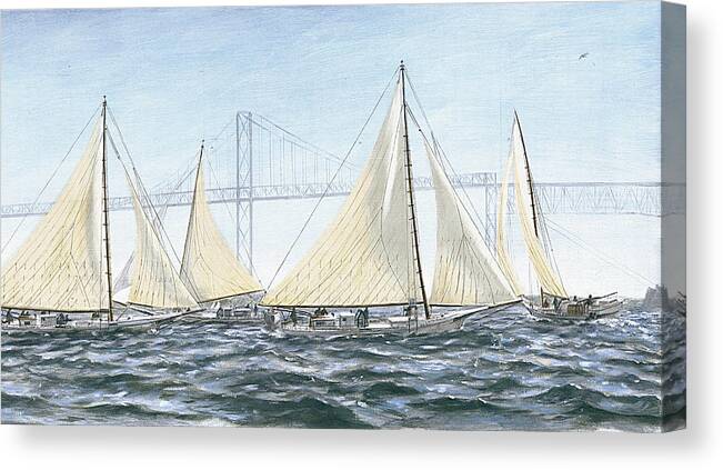 Original Painting Seascape Boats Oil Painting Skipjacks Chesapeake Bay Maryland Canvas Print featuring the painting Skipjacks Racing Chesapeake Bay Maryland Detail by G Linsenmayer