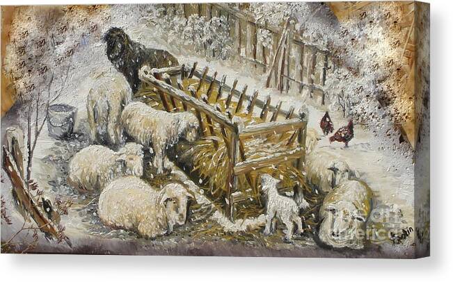 Lambs Canvas Print featuring the painting Snow Lambs by Sorin Apostolescu