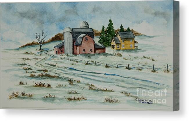 Winter Scene Paintings Canvas Print featuring the painting Winter Down On The Farm by Charlotte Blanchard
