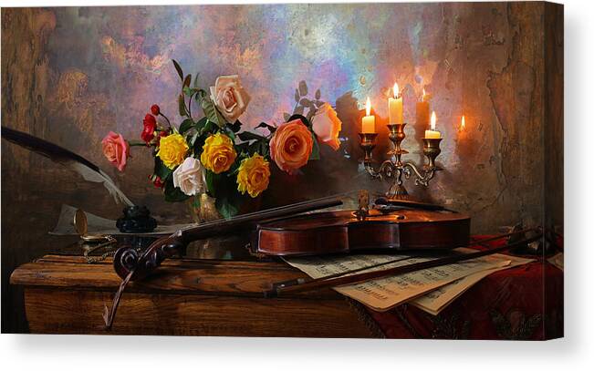 Flowers Canvas Print featuring the photograph Still Life With Violin And Flowers by Andrey Morozov