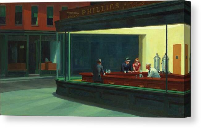 Urban Canvas Print featuring the painting Nighthawks by Edward Hopper