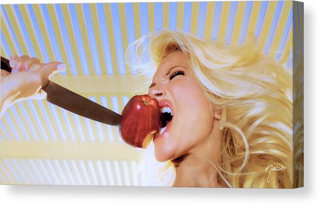 Supermodel Selena Red Delishious Apple Sharp Knife Las Vegas Canvas Print featuring the photograph 9935 Supermodel Selena Red Apple Sharp Knife Las Vegas IXCMXXXV by Amyn Nasser