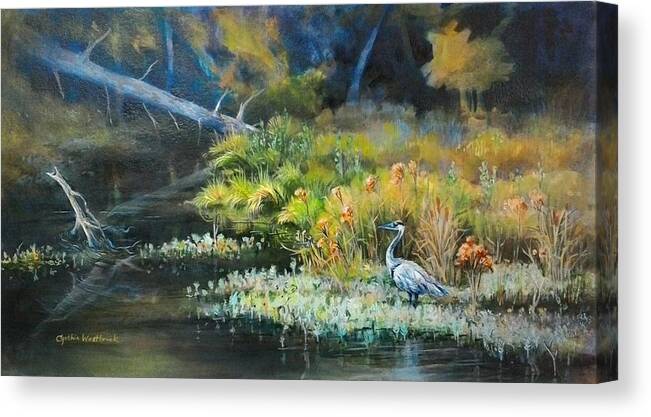 Blue Heron Canvas Print featuring the painting Blue Heron, Beyond the Bridge by Cynthia Westbrook