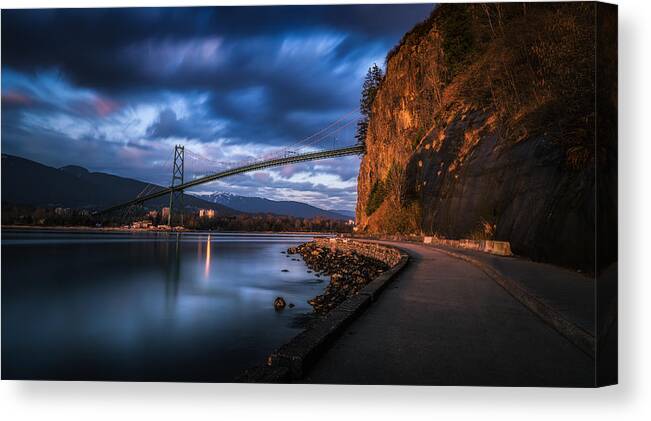 Cityscape Canvas Print featuring the photograph Blue Hour At Stanley Park by Nick Hang