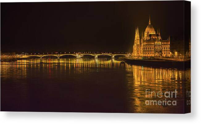 Panorama Canvas Print featuring the photograph Budapest By Night - Over Danube River by Stefano Senise