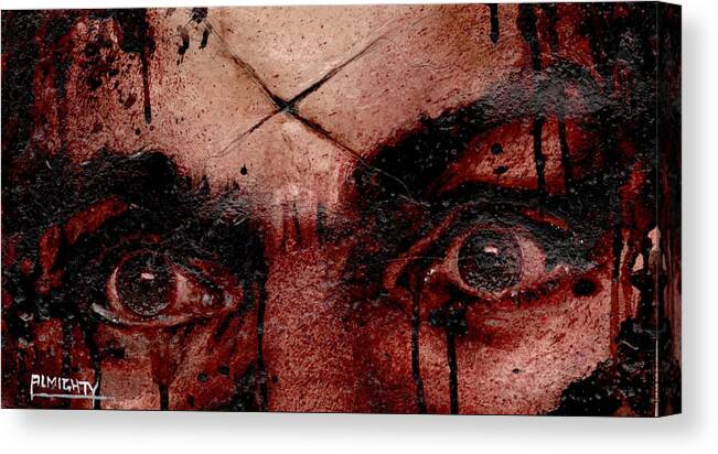 Ryan Almighty Canvas Print featuring the painting CHARLES MANSONS EYES dry blood by Ryan Almighty