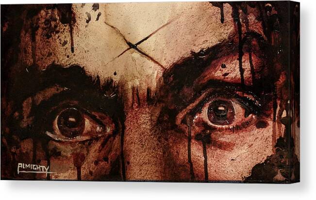 Ryan Almighty Canvas Print featuring the painting CHARLES MANSONS EYES fresh blood by Ryan Almighty