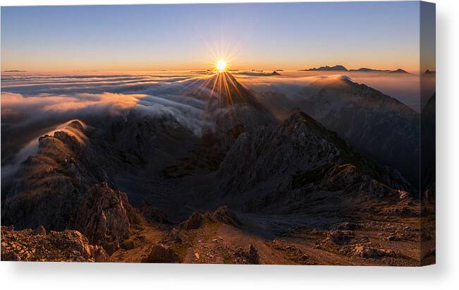 Sunrise Canvas Print featuring the photograph Foggy Sunrise by Ales Krivec