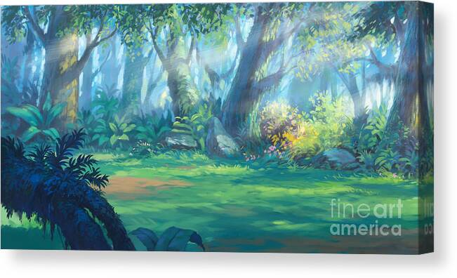 Country Canvas Print featuring the digital art Sunrise Morning Inside Fantasy Forest by Noreefly