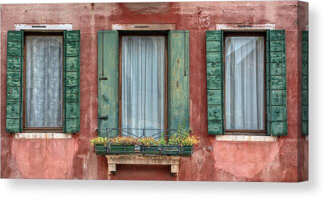 Venice Canvas Print featuring the photograph Three Windows with Green Shutters of Venice by David Letts