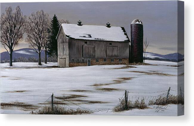 An Old Barn And Silo In A Meadow With Snow On The Ground Canvas Print featuring the painting Winter Barn by Wilhelm Goebel