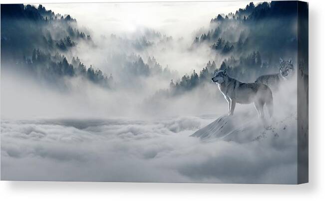 Photo Canvas Print featuring the photograph Wolfs in the snow by Top Wallpapers