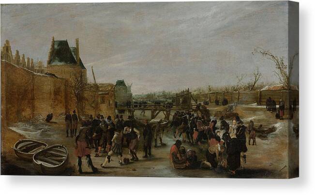 Hendrick Avercamp Canvas Print featuring the painting Frolicking on a frozen canal in a town #2 by Hendrick Avercamp