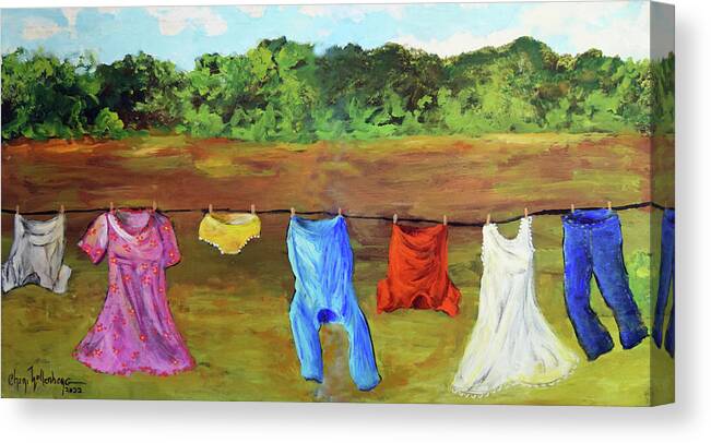 Laundry Canvas Print featuring the painting A Windy Clothes Line in Oklahoma - An Original by Cheri Wollenberg 2022 by Cheri Wollenberg