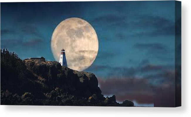 Light House Moon Night Sea Ocean Rocks Full Moon Silhouette Night Sky Blue Sky Canvas Print featuring the photograph Boar Head Moon by David Matthews