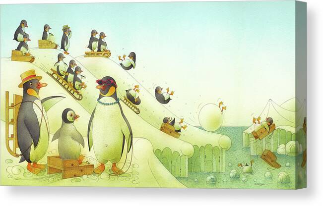 Penguins Sledge Winter Snow Christmas Ocean Antarctic Bathing Christmascard Holydays Canvas Print featuring the drawing Christmas for the Penguins by Kestutis Kasparavicius