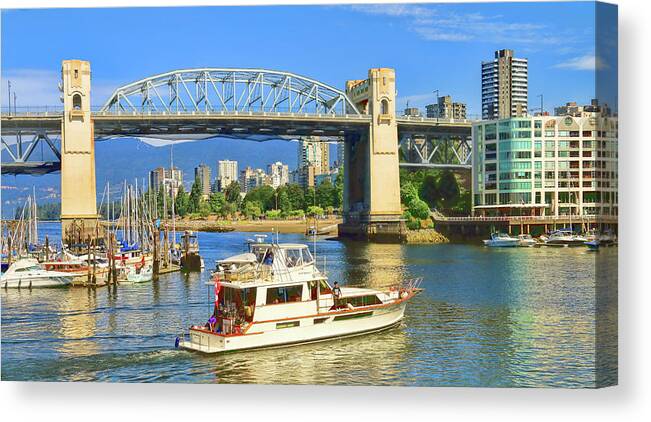 Vancouver Canvas Print featuring the photograph Crossing False Creek in Grandville Island Harbour in Vancouver, Canada by Ola Allen