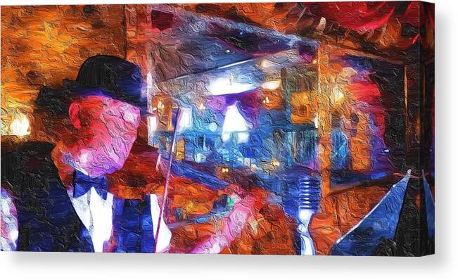 Man Playing Violin Canvas Print featuring the mixed media lights and Violins by Bencasso Barnesquiat