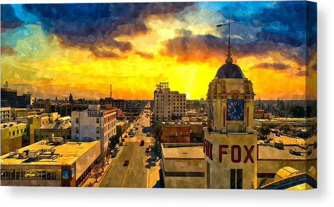 Bakersfield Canvas Print featuring the digital art Panorama of downtown Bakersfield, California - watercolor painting by Nicko Prints