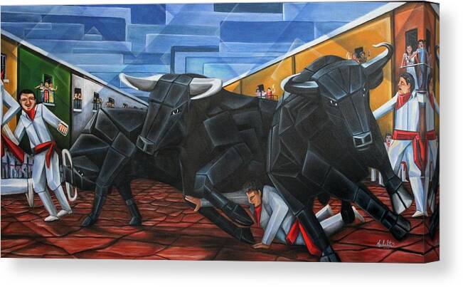 Running Of The Bulls Canvas Print featuring the painting Running of the Bulls by Ruben Archuleta - Art Gallery