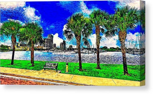 South Yacht Basin Canvas Print featuring the digital art South Yacht Basin and downtown St. Petersburg, Florida - impressionist painting by Nicko Prints