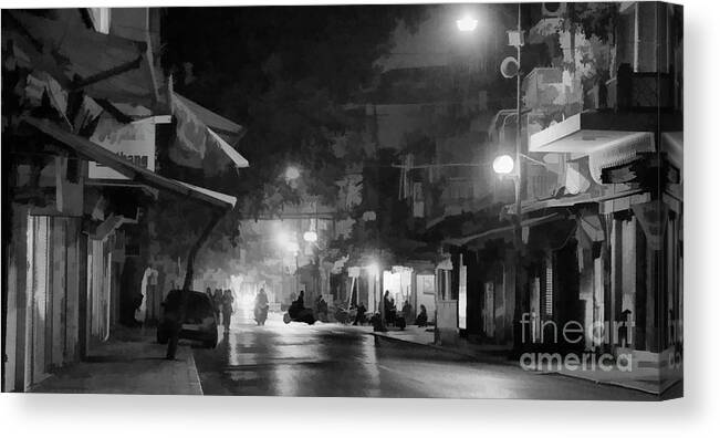 Vietnam Canvas Print featuring the photograph Streets of Hanoi Digital Paint Black White by Chuck Kuhn